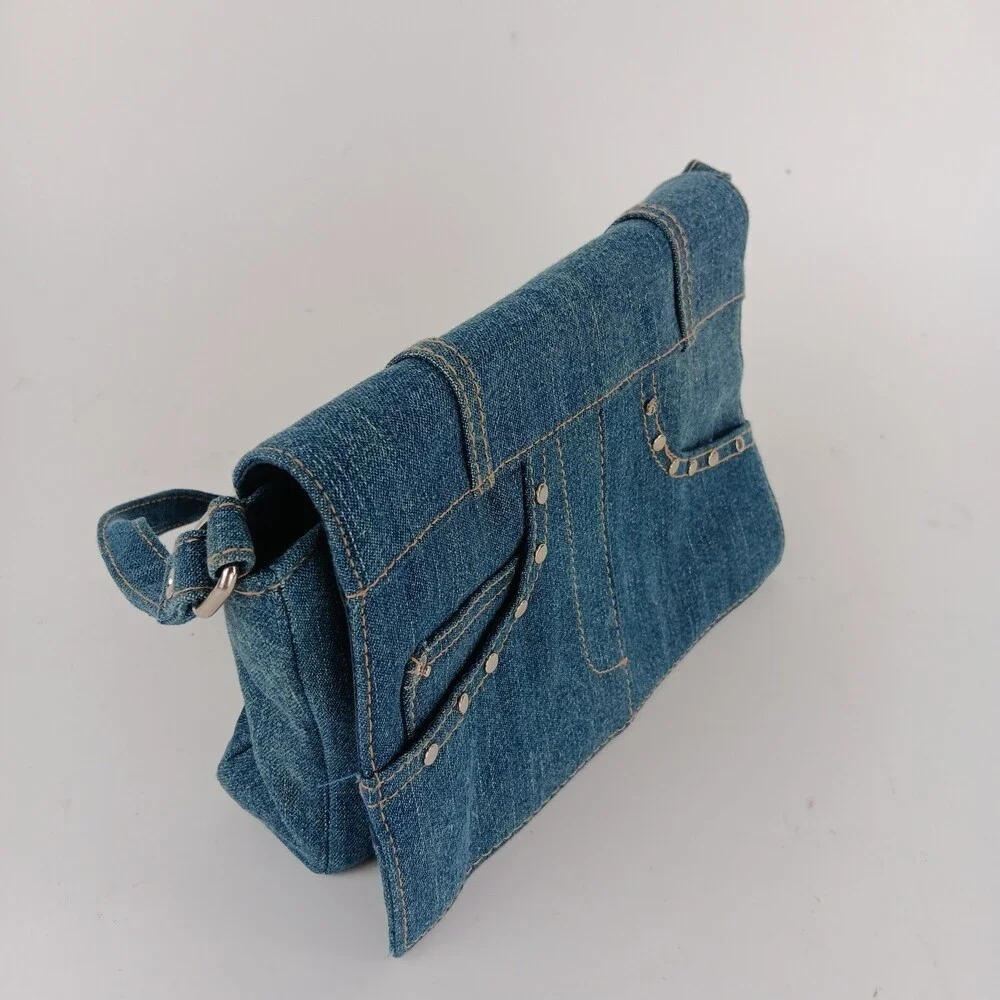 Womens Solid Blue Rectangular Shaped Studded Denim Shoulder Bag